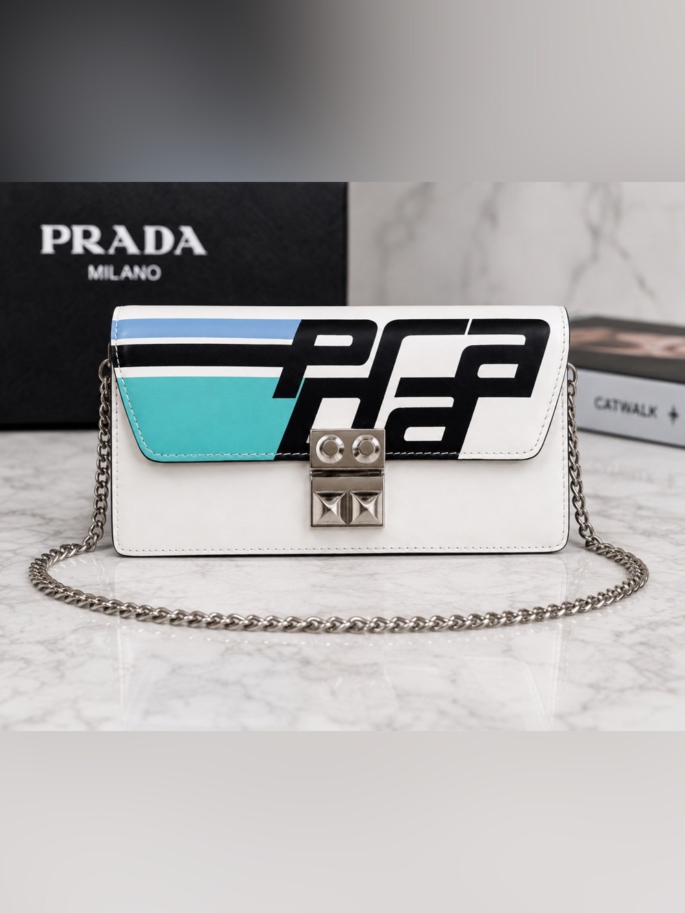 Prada Elektra Racing Graphic Leather Wallet on Chain WOC Crossbody Shoulder Bag